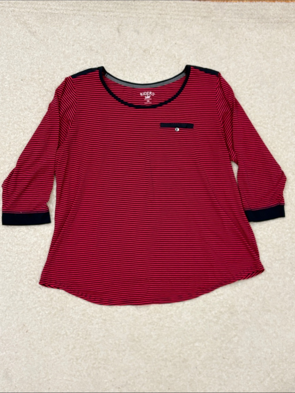 Riders by Lee Pink and Blue Striped Scoop Neck 3/4 Sleeve Top